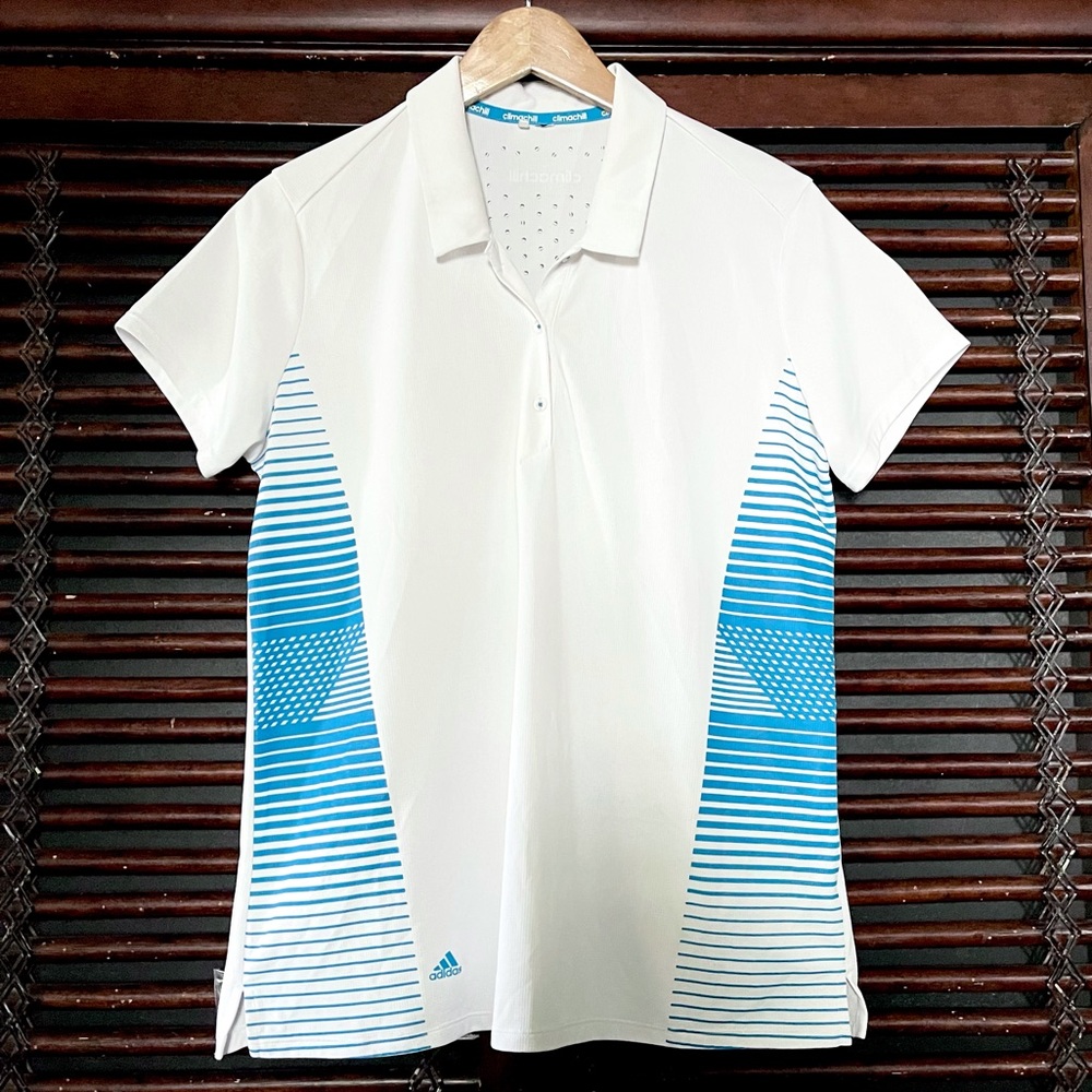 XL ADIDAS White Blue Tennis Golf Polo Shirt Block Striped Women’s Climachill